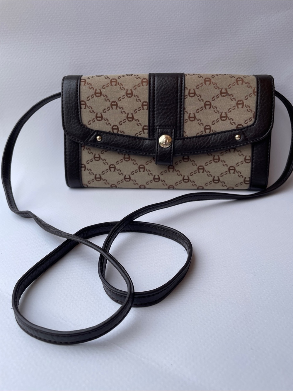 Etienne Aigner Brown Canvas & Dark Brown Leather Crossbody Bag
